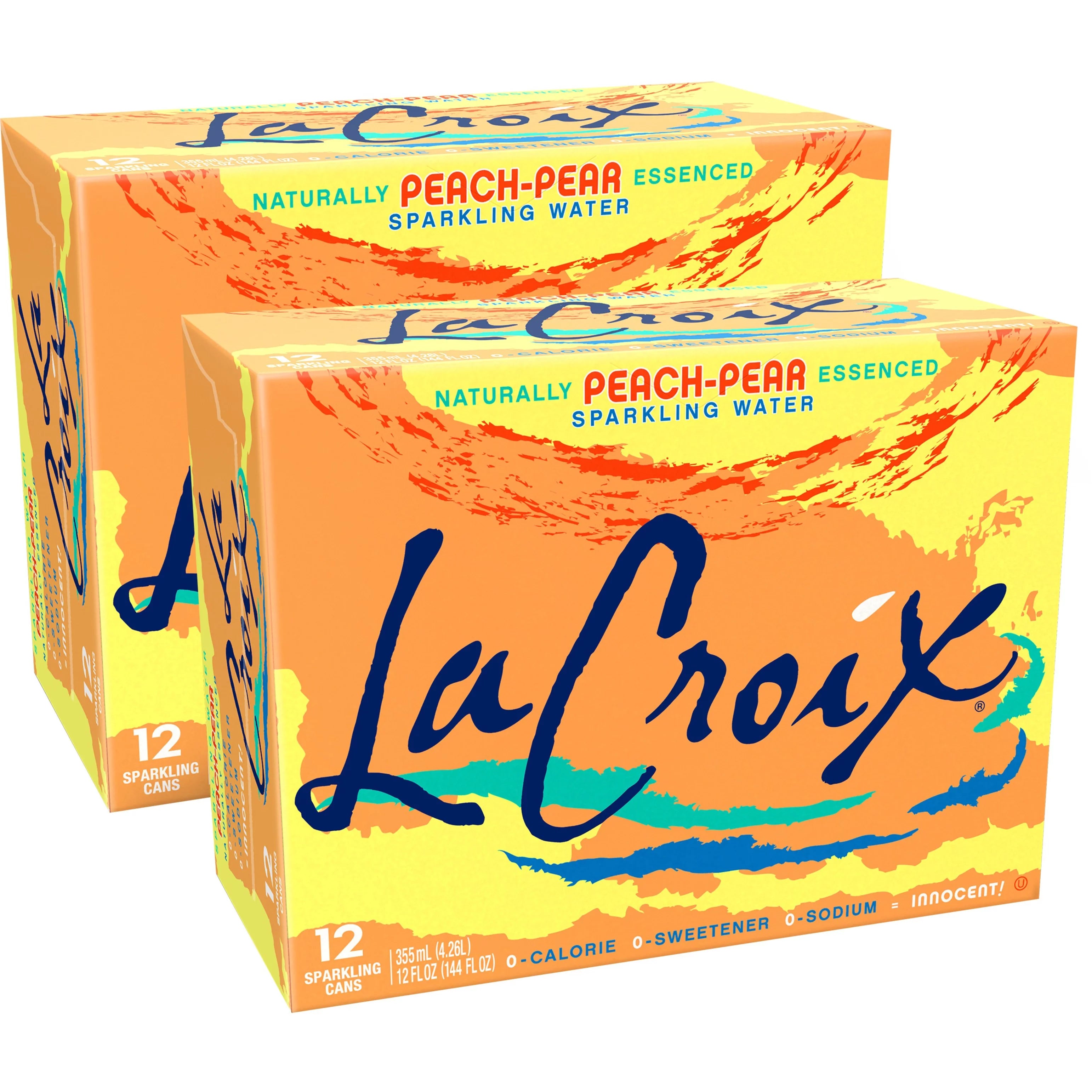 Front of La Croix Peach Pear box displaying the logo, peach-peach flavour label, and details of 24 cans (355ml x24)