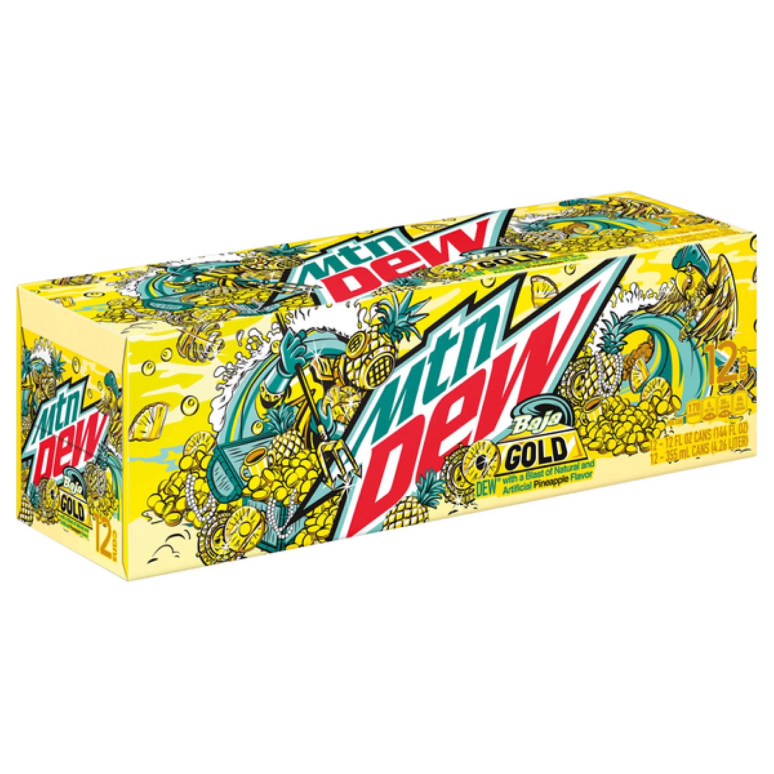 Front of Mountain Dew Limited Edition Baja Gold case showing bright artwork, logo, and pack size (12 x 355ml cans)