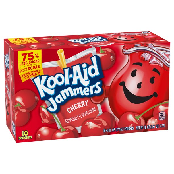 Front of Kool Aid Jammers Cherry box displaying vibrant cherry design, brand logo, and 10 pouches information (10 x 177ml)