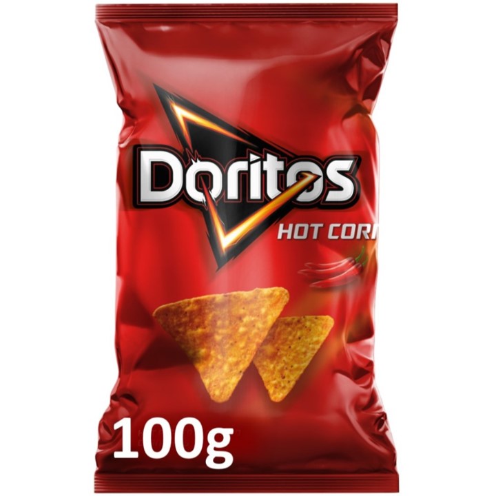 Front of Doritos Hot Corn bag showing bold logo, spicy corn chip design, and pack size of 100g.