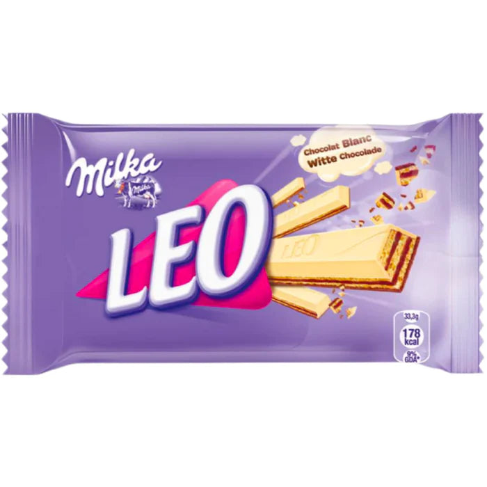 Front of Milka Leo White bar showing the logo, description of white chocolate, and pack size (33g)