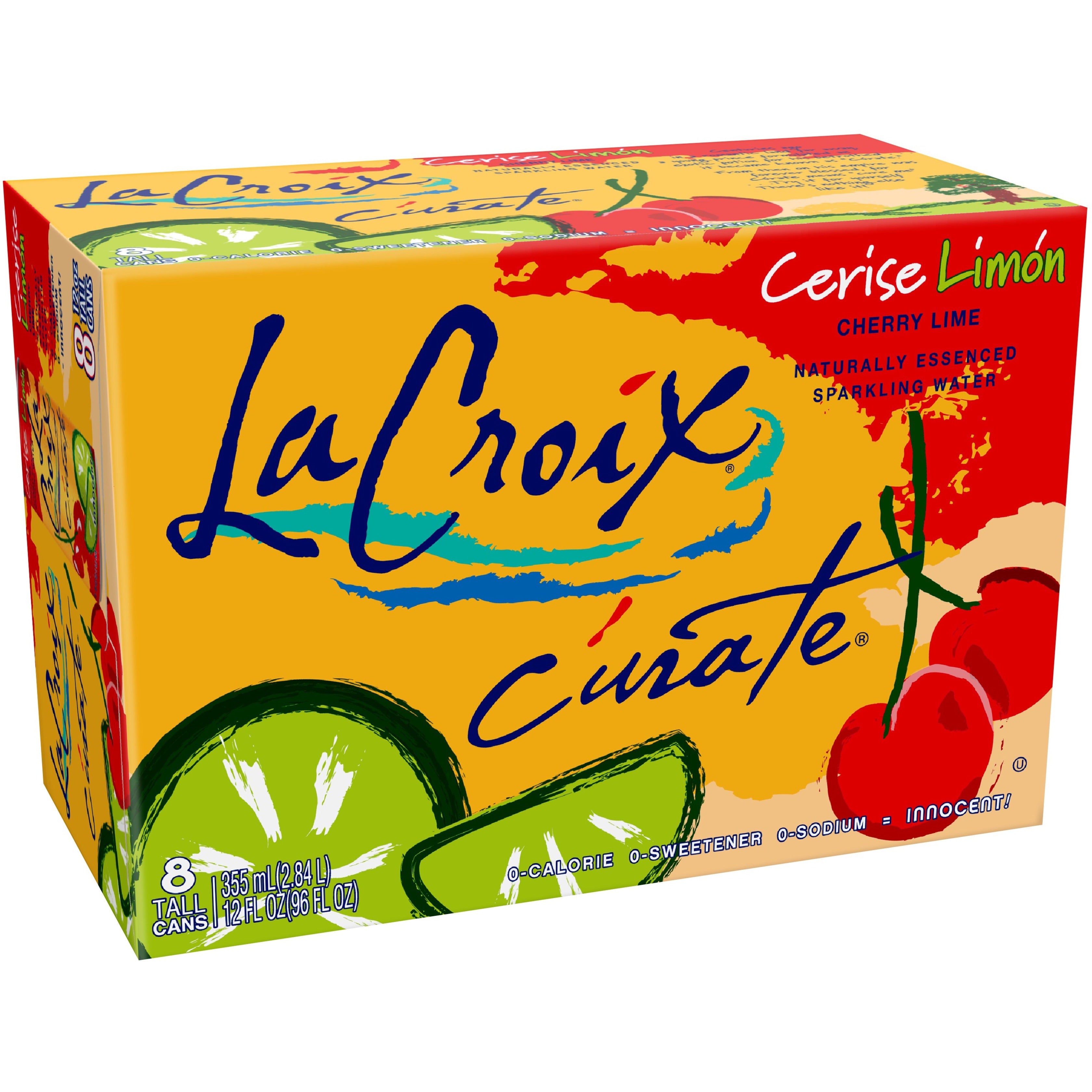 Front of La Croix Cherry Lime case showing colourful design, cherry and lime illustration, and label details including pack size (355ml x8)