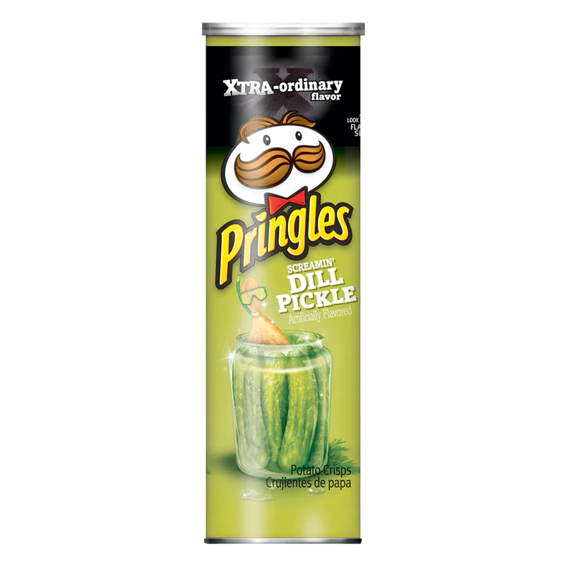 Front of a Pringles canister featuring Screamin Dill Pickle flavour label with jar of pickles illustration (156g pack)