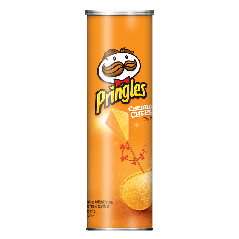 Front of a Pringles Cheddar Cheese tube with logo, bright orange background, and block of cheddar cheese graphic (157g pack)