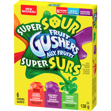 Front of Fruit Gushers Super Sour box featuring vibrant colours and logos, showing the product name, flavours, and 138g pack size.