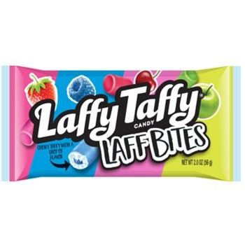 Front of Laffy Taffy Laff Bites bag featuring the logo, colourful chewy candy pieces, and showing 57g pack size.