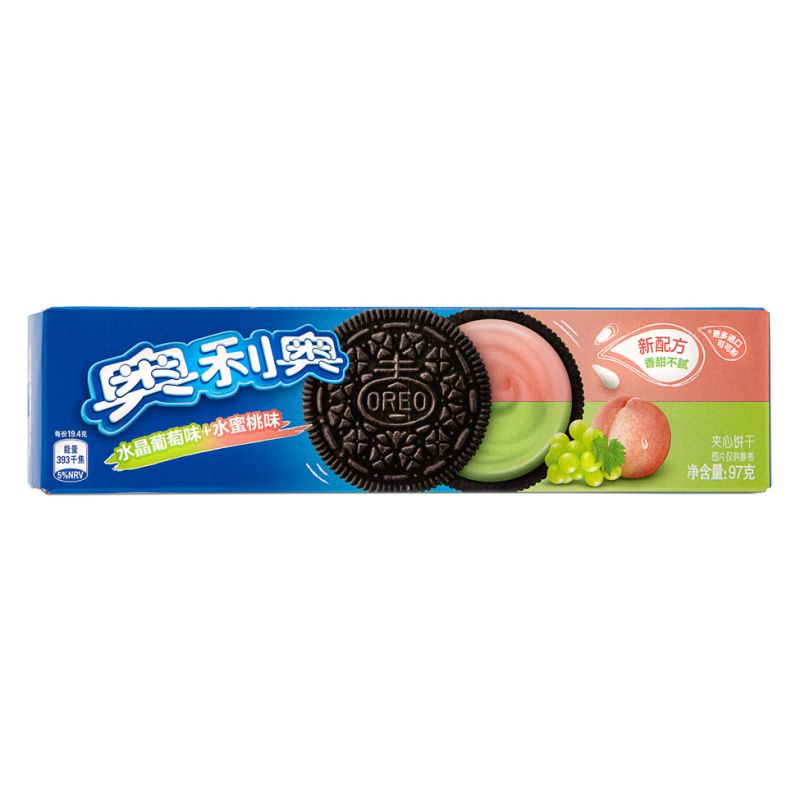 Front of Oreo Green Grape & Peach Cookies pack showing logo, vibrant grape and peach flavour details, and 97g pack size.