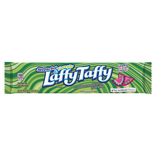 Front of Laffy Taffy Stretchy and Tangy Watermelon Bar showing vibrant green packaging with logo and watermelon slice design (42.5g pack)