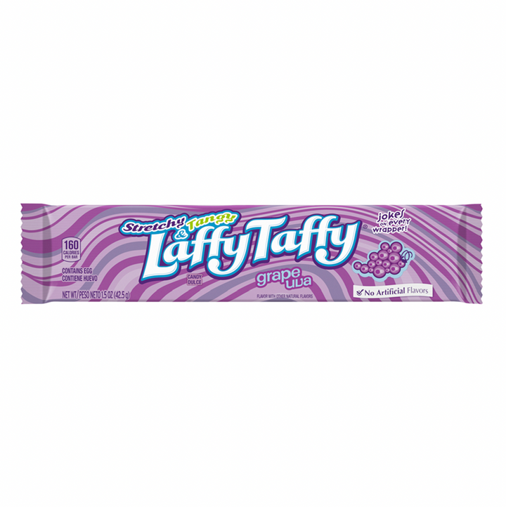 Front of Laffy Taffy Stretchy and Tangy Grape Bar showing the logo and colourful candy design (42.5g pack)
