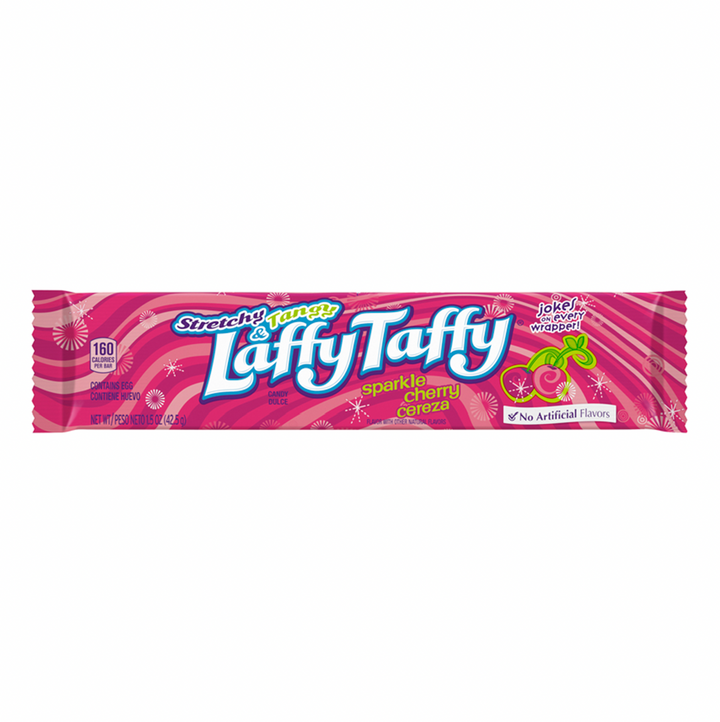 Front of Laffy Taffy Stretchy and Tangy Sparkle Cherry Bar showing vibrant packaging with logo, cherry flavour label, and 42.5g size.