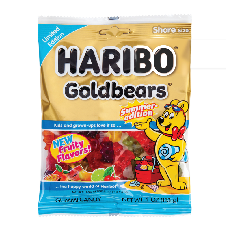 Front of a Haribo Summer Edition Goldbears bag showcasing the logo, colourful gummy bears, and text indicating it's a limited edition (113g pack)