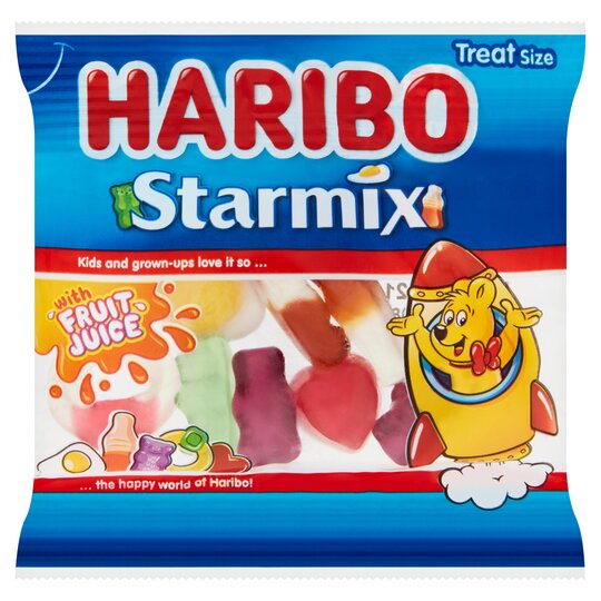 Front of Haribo Starmix Treat Bag showing logo, a variety of gummy sweets, and fruit juice indication (16g pack)