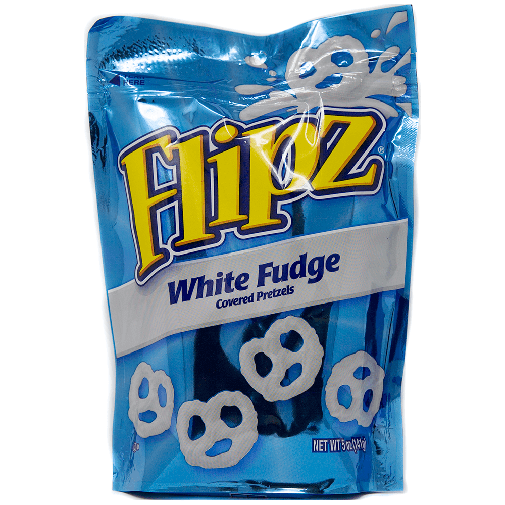 Front of Flipz White Fudge Covered Pretzels bag featuring the Flipz logo, white fudge pretzel illustration, and 141g pack size.