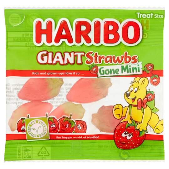 Front of Haribo Giant Strawbs Gone Treat Bag showing red logo, strawberry sweets illustration, and pack size (16g)