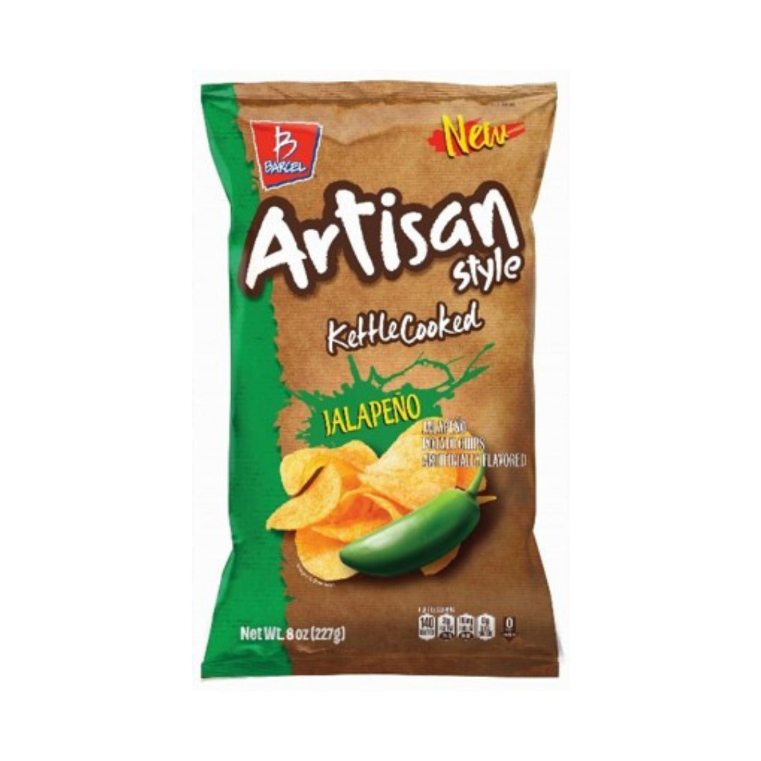 Front of Takis Jalapeno Kettle Cooked Potato Chips bag showing bold logo, jalapeno flavour, and kettle-cooked chips (227g pack)