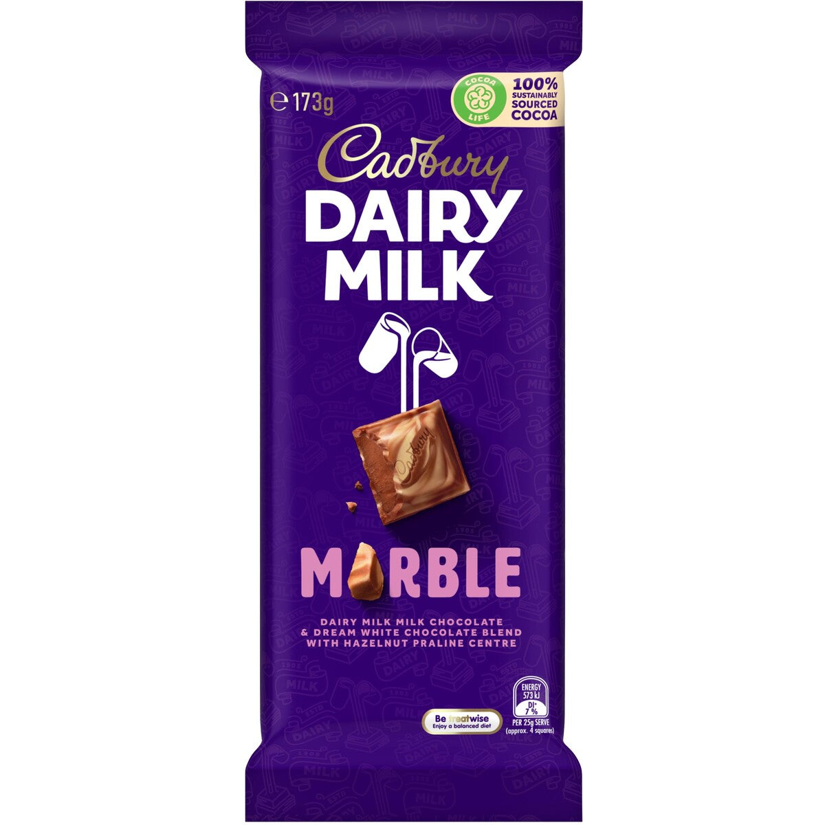 Front of Cadbury Dairy Milk Marble with Hazelnut Praline bar showing the purple packaging, brand logo, product name, and a creamy chocolate piece (173g pack)