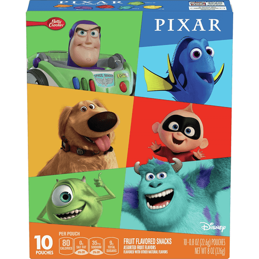 Front of Betty Crocker Pixar Fruit Snacks box featuring various Pixar characters, with text indicating fruit-flavoured snacks in a 10 pouch pack (226g).