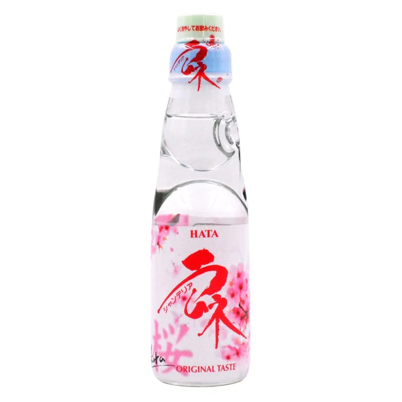 Front of Hata Ramune Sakura 200ml bottle featuring a floral design, Japanese text, and distinctive marble top.