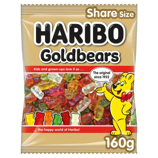 Front of Haribo Gold Bears Share Bag with logo, assorted gummy bears, and 160g pack size information.