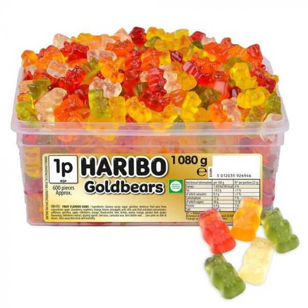 Front of Haribo Tub Gold Bears label showing vibrant gummy bears in a variety of fruit flavours and 675g pack size.