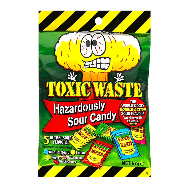 Front of Toxic Waste Hazardously Sour Candy bag featuring bright colours, cartoon graphic, and label details highlighting five ultra-sour flavours (57g pack)