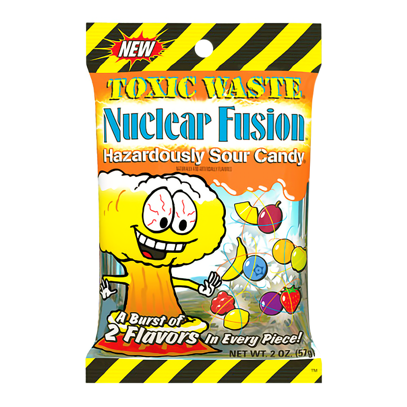 Front of Toxic Waste Nuclear Fusion pack showing bright logo, cartoon character, and brightly coloured candy pieces (57g pack)