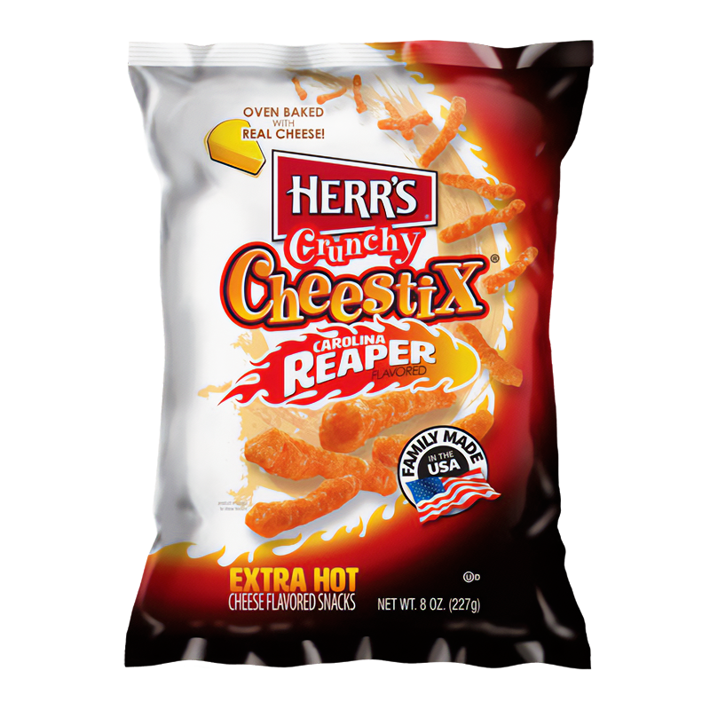 Front of Herr's Carolina Reaper Crunchy Cheestix bag showing logo, extra hot flavour label, and crunchy cheese snacks (227g pack)