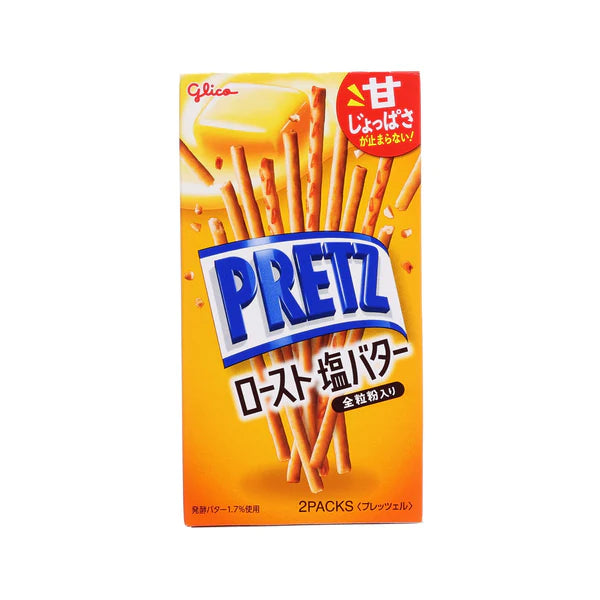 Front of Glico Pretz Roast Salted Butter box showing the logo, roasted salted butter flavour sticks, and 62g pack size.