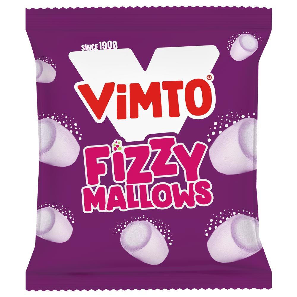 Front of Vimto Fizzy Mallows bag showing the Vimto logo, vibrant purple design, and marshmallow images (100g pack)
