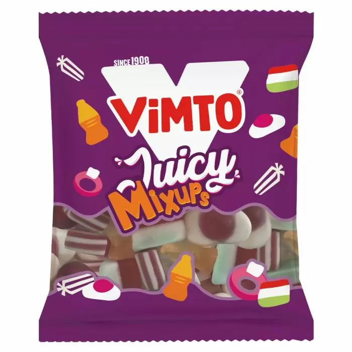 Front of a Vimto Juicy Mix-Ups Share Bag showing the logo and an assortment of fruity, chewy sweets (140g pack)