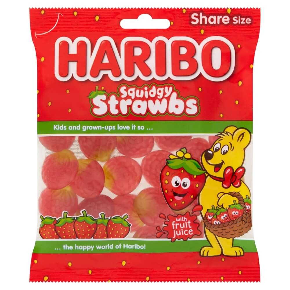 Front of Haribo Squidgy Strawbs Share Bag (160g) featuring bright red packaging, fruit juice mention, and images of strawberry sweets.