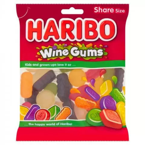 Front of Haribo Wine Gums Share Bag showing the red bag with logo and colourful assortment of chewy wine gums (160g pack)