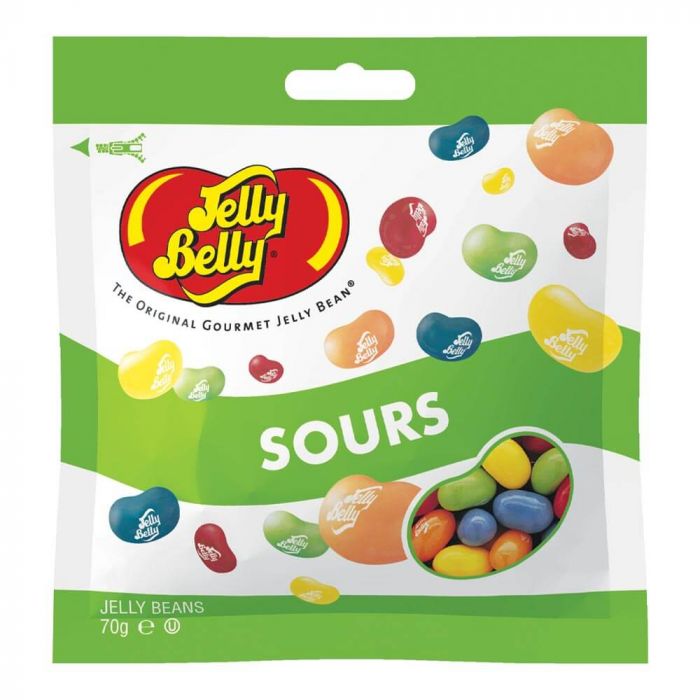 Front of Jelly Belly Sours Jelly Beans bag showing vibrant jelly beans, brand logo, and pack size (70g)