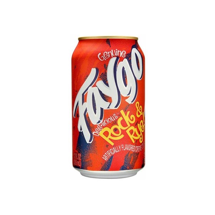 Front of Faygo Rock & Rye can displaying the vibrant orange and blue logo, with 'Rock & Rye' label and 355ml size prominently shown.
