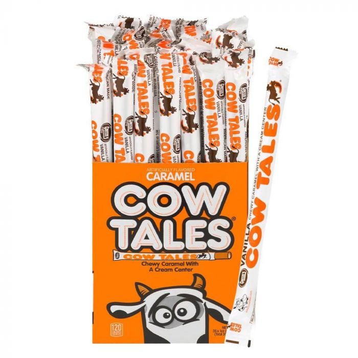 Front of Goetze's Caramel Cow Tales package showing chewy caramel branding, cream centre description, and 28g size.