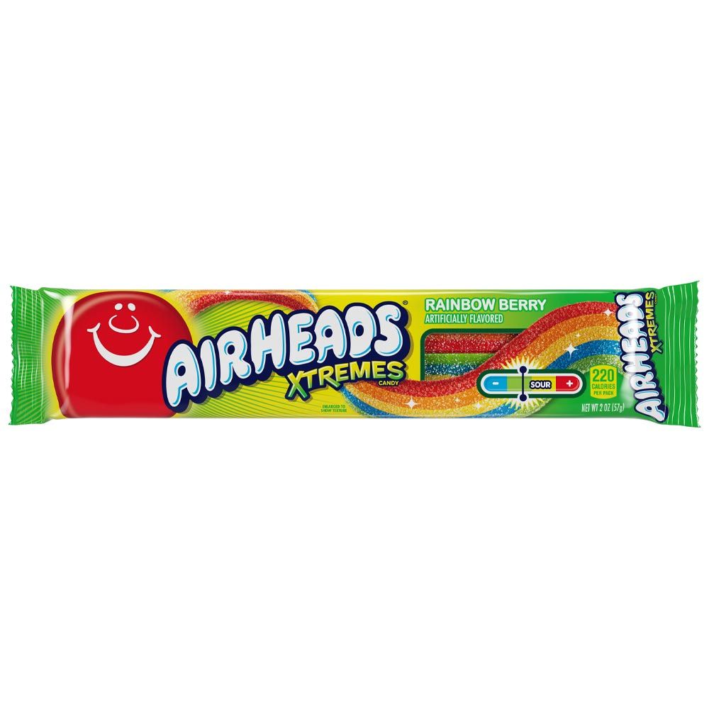 Front of Airheads Xtremes Sour Belts package showing bold logo, rainbow berry flavour, and vibrant sour belts (56g pack)