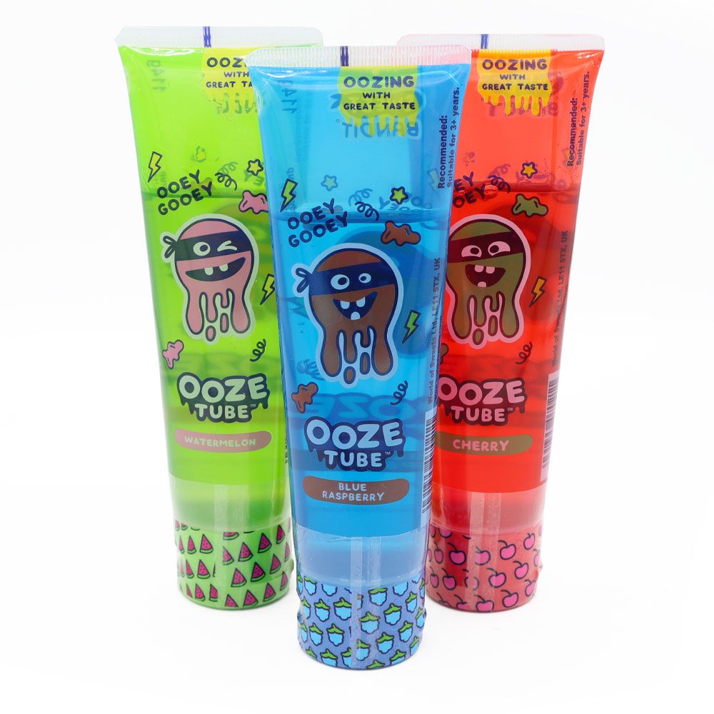 Front of Ooze Tubes Cherry tube showing vibrant red design, playful logo, and cherry flavour label (114g pack)