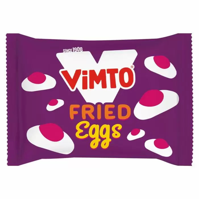 Front of Vimto Fried Eggs pack showing vibrant purple design with logo and playful fried egg shapes (45g pack)