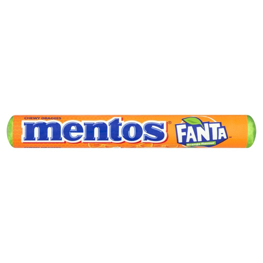 Front of Mentos Fanta roll showing vibrant orange packaging with the Mentos logo, orange flavour indication, and 37g size.