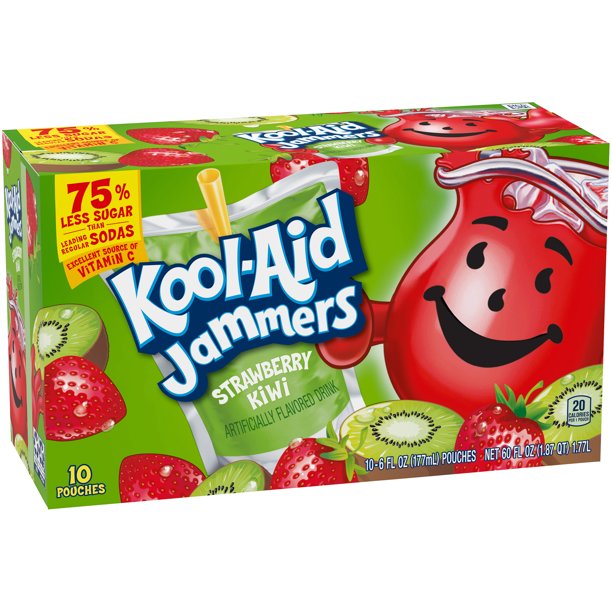 Front of Kool Aid Jammers Strawberry Kiwi box showing the logo, vibrant strawberry and kiwi flavour, and details of 10 pouches (177ml each)