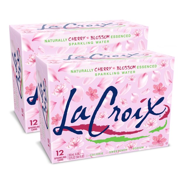 Front of La Croix Cherry Blossom sparkling water case showing logo, pink label design with cherry blossom imagery, and pack size of 24 (355ml cans)