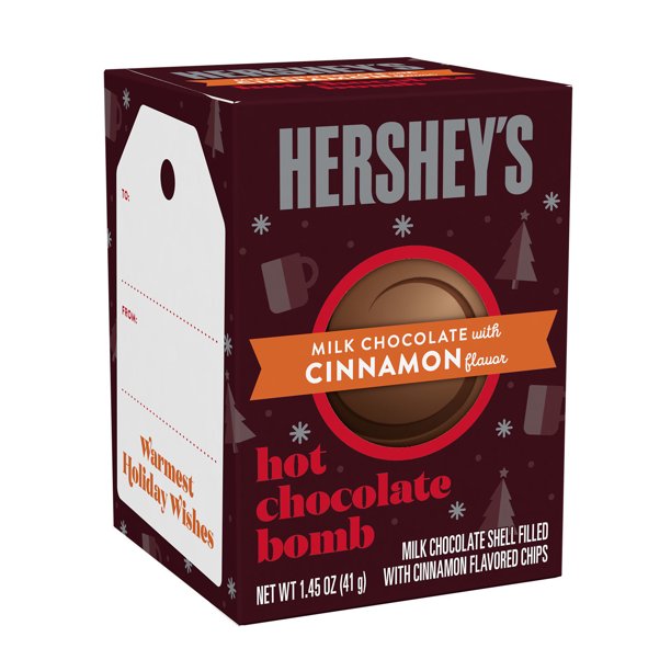 Front of Hershey's Hot Chocolate Bomb packaging with logo, milk chocolate and cinnamon flavour label, and details on 41g product size