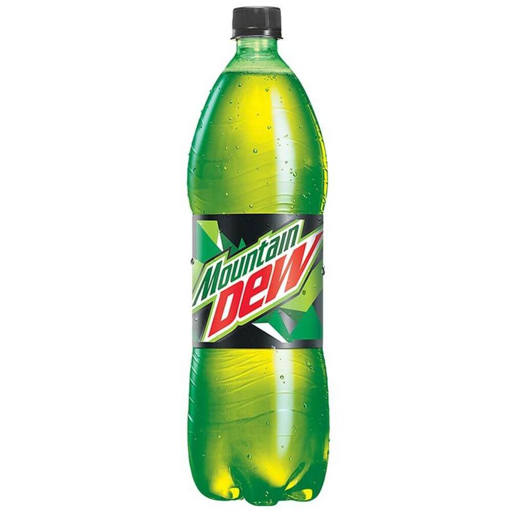 Front of Mountain Dew bottle showing vibrant green label, bold logo, and 2.25 litre size