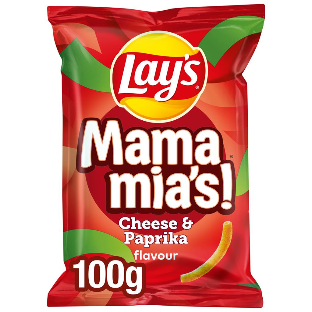 Front of Lay's Mama Mia's Cheese & Paprika pack showing the logo, flavour details, and pack size (100g)