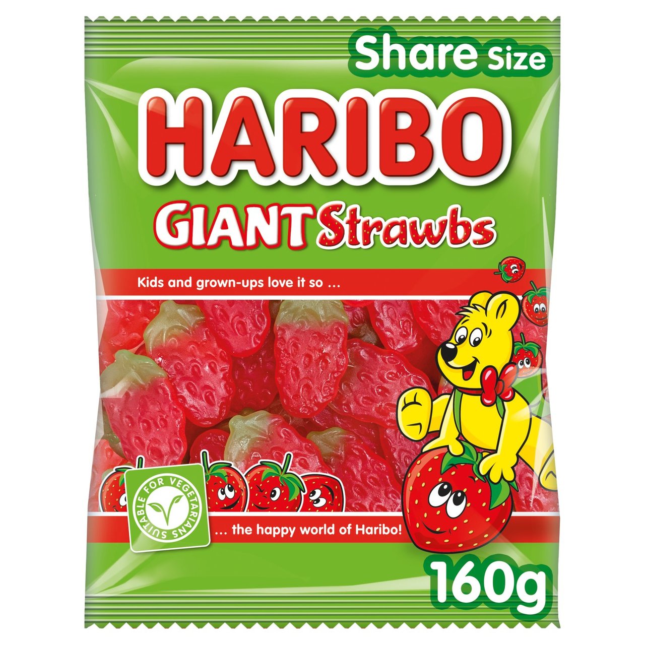 Front of a Haribo Giant Strawbs Share Bag showing the green packaging, logo, strawberry gummy shapes, and 160g size.
