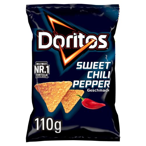 Front of Doritos Sweet Chilli Pepper bag featuring the logo, sweet chilli pepper flavour label, and a vibrant image of tortilla chips (110g pack)