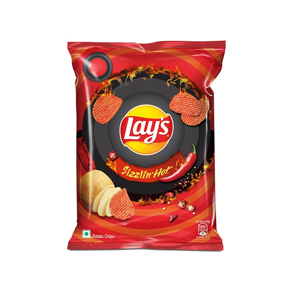 Front of Lay's Sizzling Hot potato chips bag showing vibrant red packaging with bold text and images of spicy chips (50g pack)