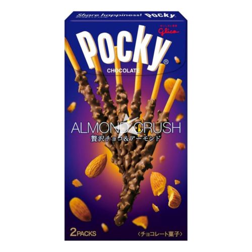 Front of Pocky Almond Crush box featuring the brand logo, almond flavour label, and biscuit sticks with chocolate and almonds (46g pack)