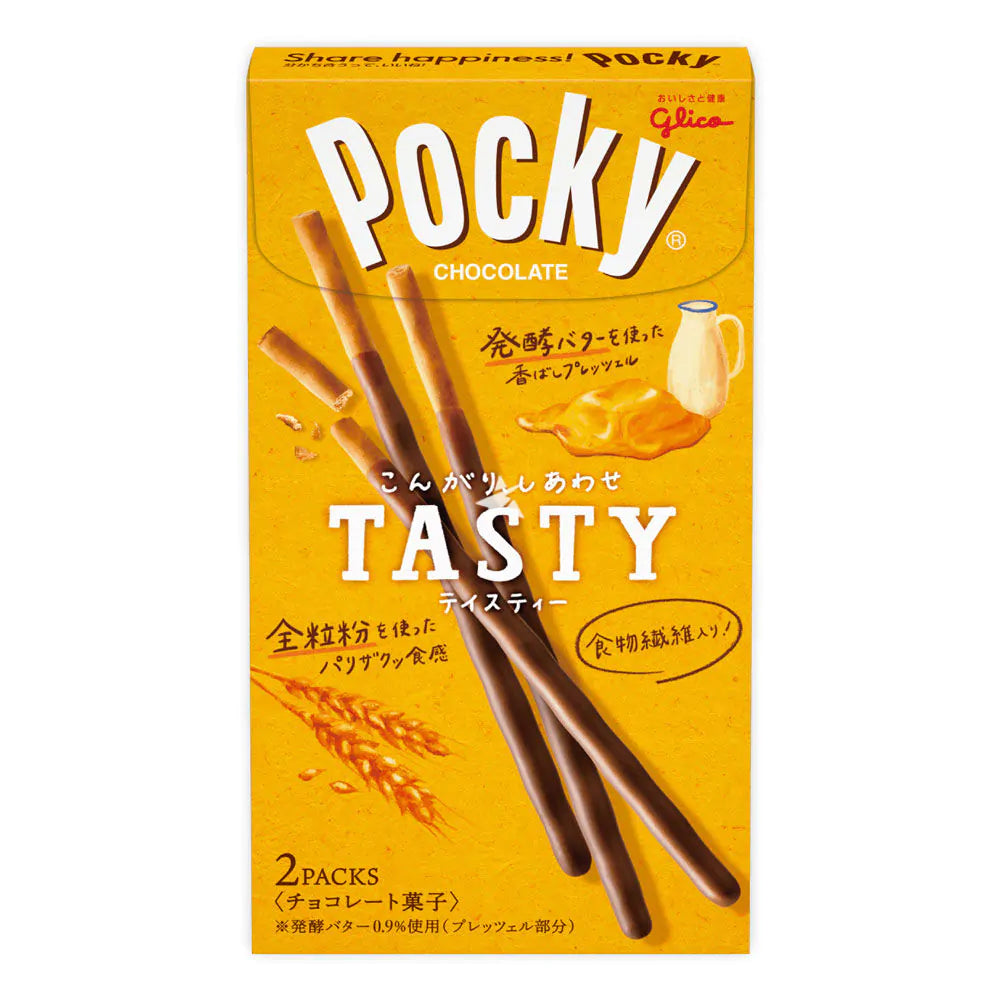 Front of Pocky Tasty Caramelised Butter box showing the yellow packaging, logo, and images of caramelised butter and crunchy sticks (77g pack)