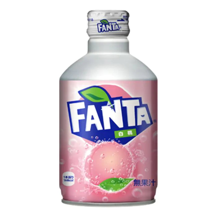 Front of Fanta White Peach bottle showing logo, light pink colour, and imagery of white peach with bubbles (300ml)